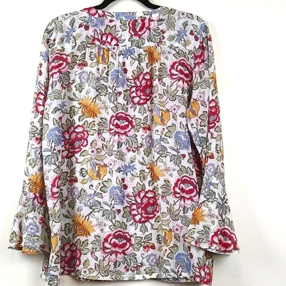 LOFT The Softened Shirt Floral Bell Sleeve Cotton Popover Blouse Top Size L - Picture 10 of 12